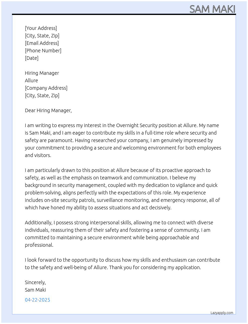 Cover letter for overnight security - LazyApply