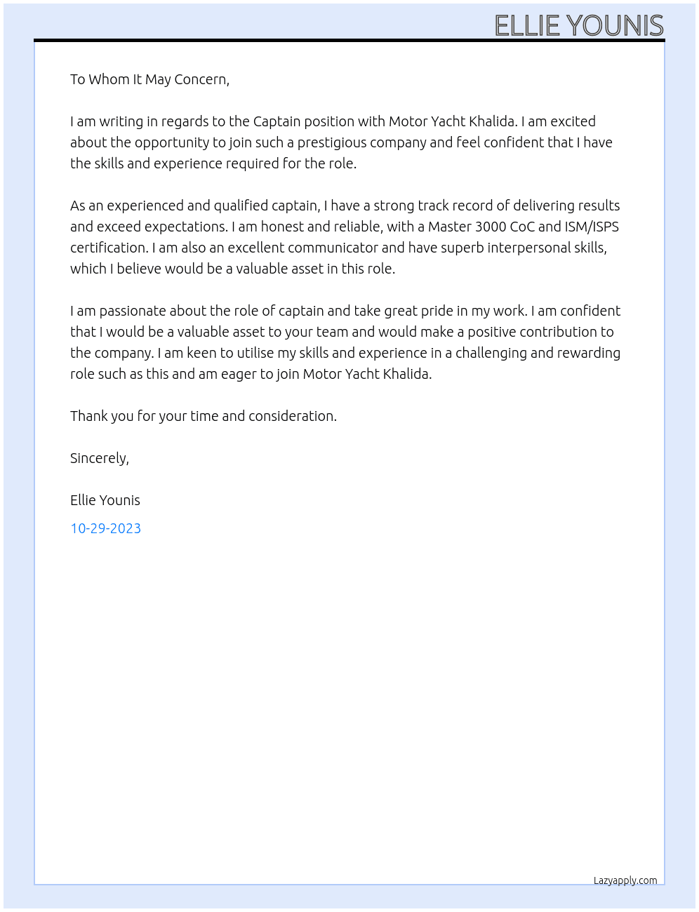 Captain At Motor Ycht Khalida  Cover Letter