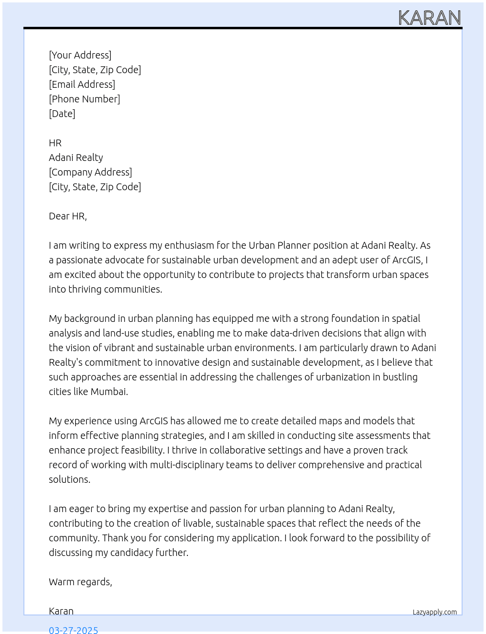 Urban Planner At Adani Realty Cover Letter