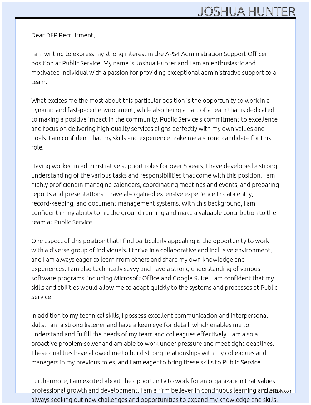 APS4 Administration Support Officer At Public Service Cover Letter
