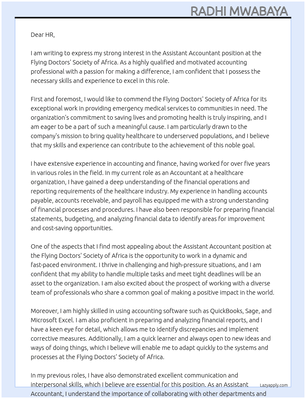 Assistant Accountant At Flying Doctors' Society of Africa Cover Letter