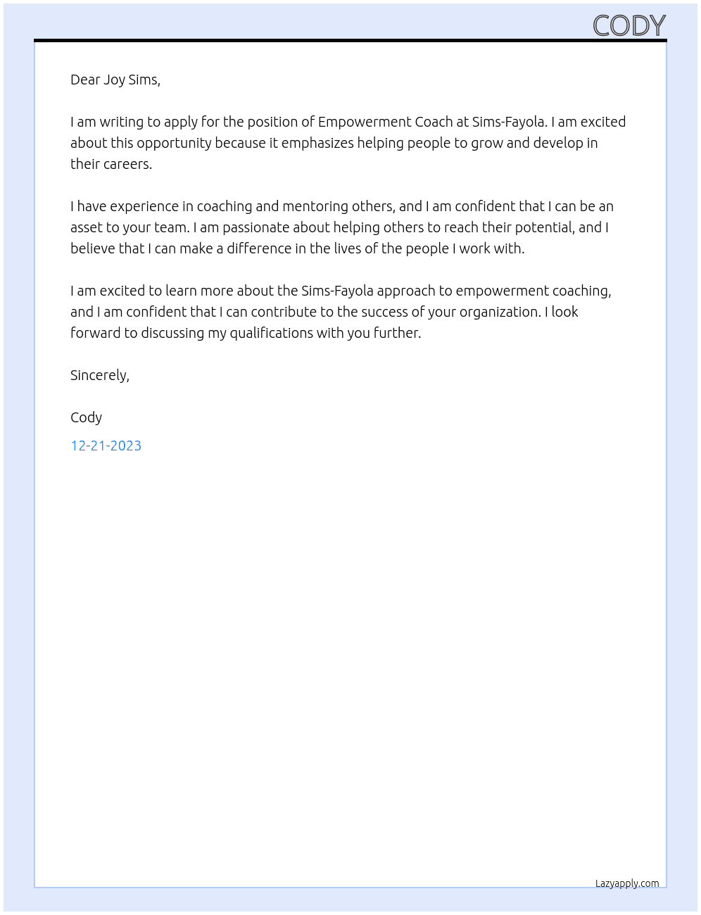 Empowerment Coach At Sims-Fayola Cover Letter