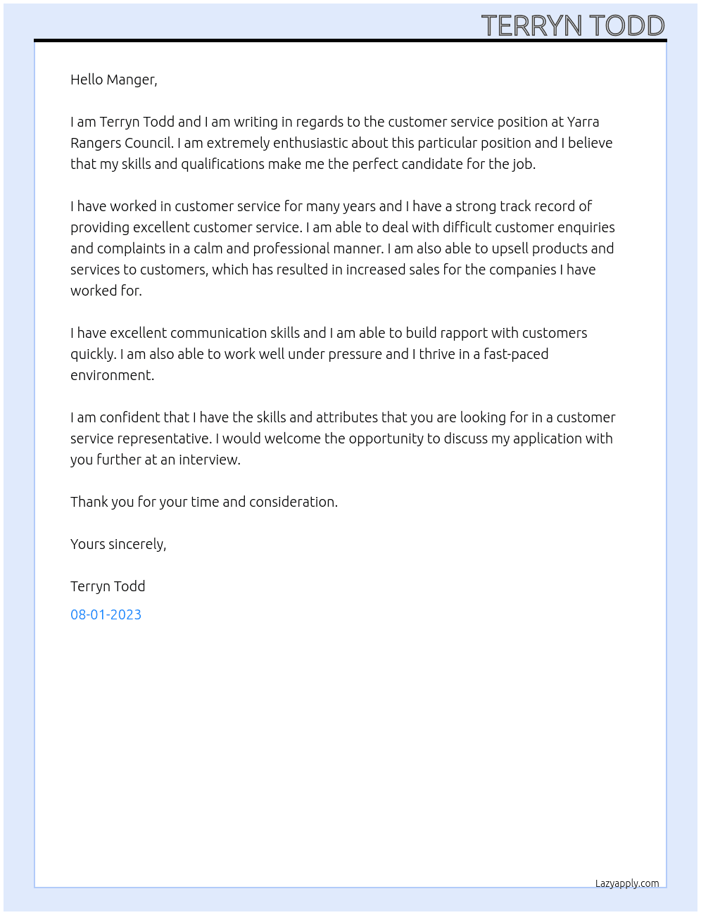 Customer service  At Yarra rangers council  Cover Letter