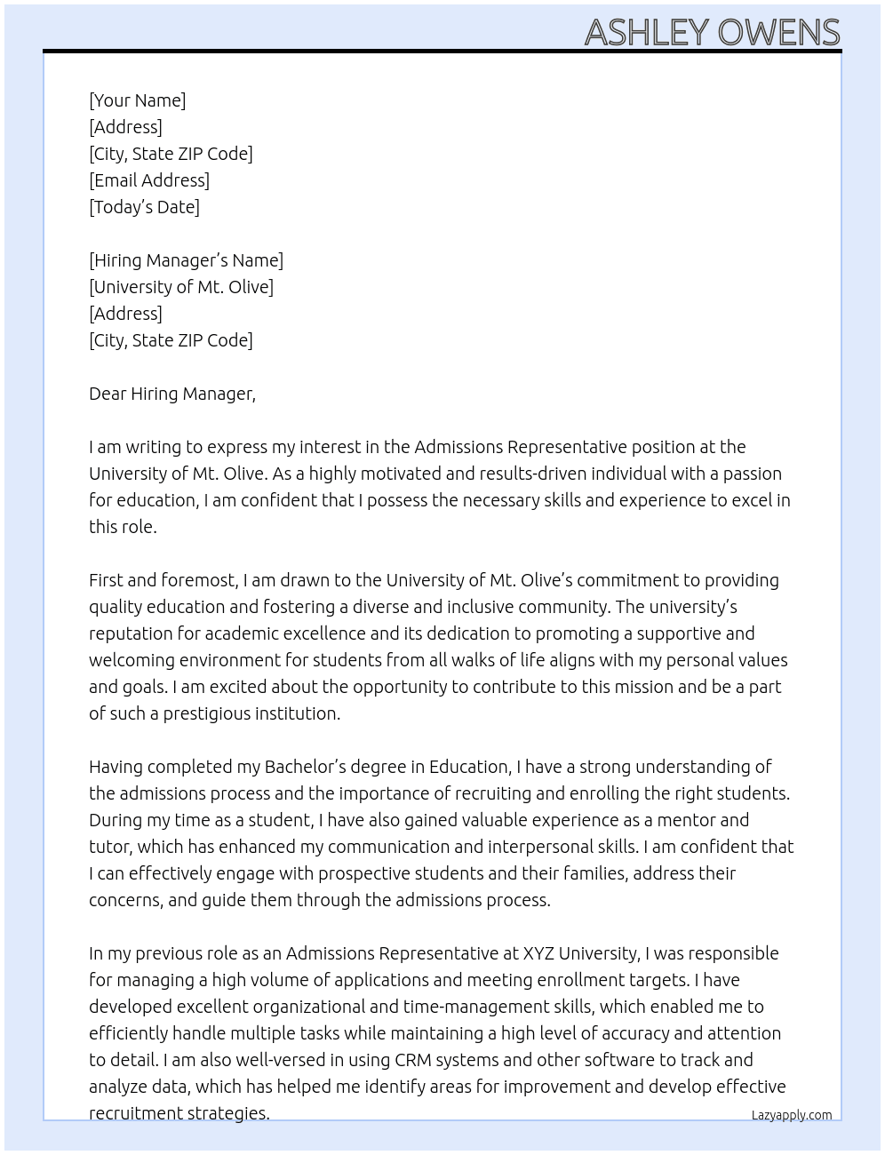 Admissions Representative  At University of Mt. Olive Cover Letter
