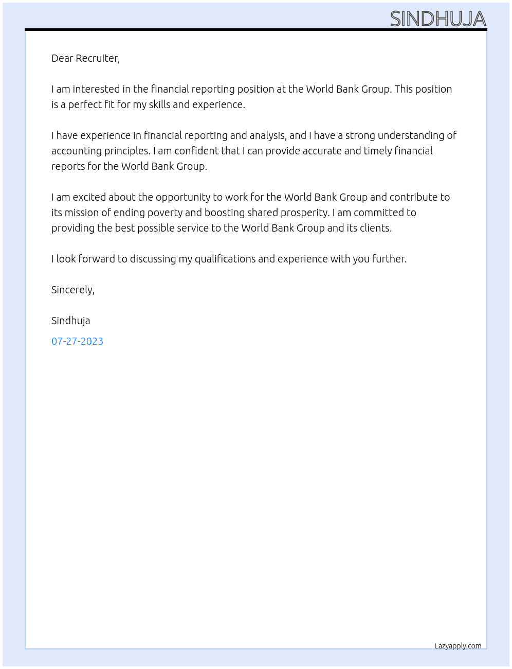 Financial reporting  At World Bank Group Cover Letter