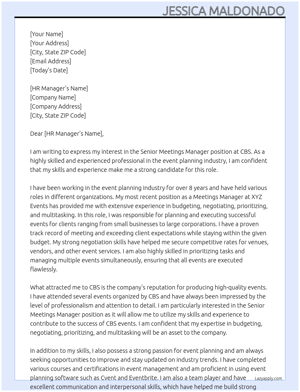 Senior Meetings Manager At CBS Cover Letter