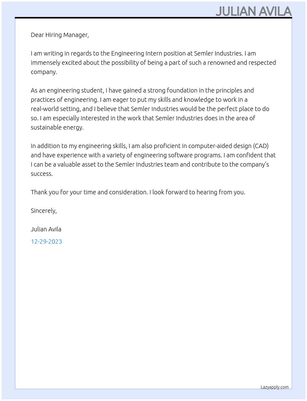 Engineering Intern At Semler Industries Cover Letter