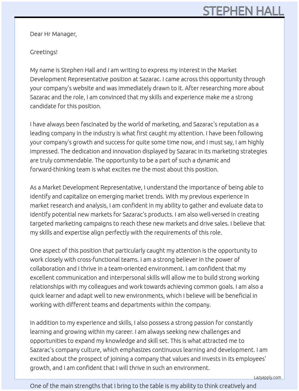 Market Development Representative At Sazarac Cover Letter