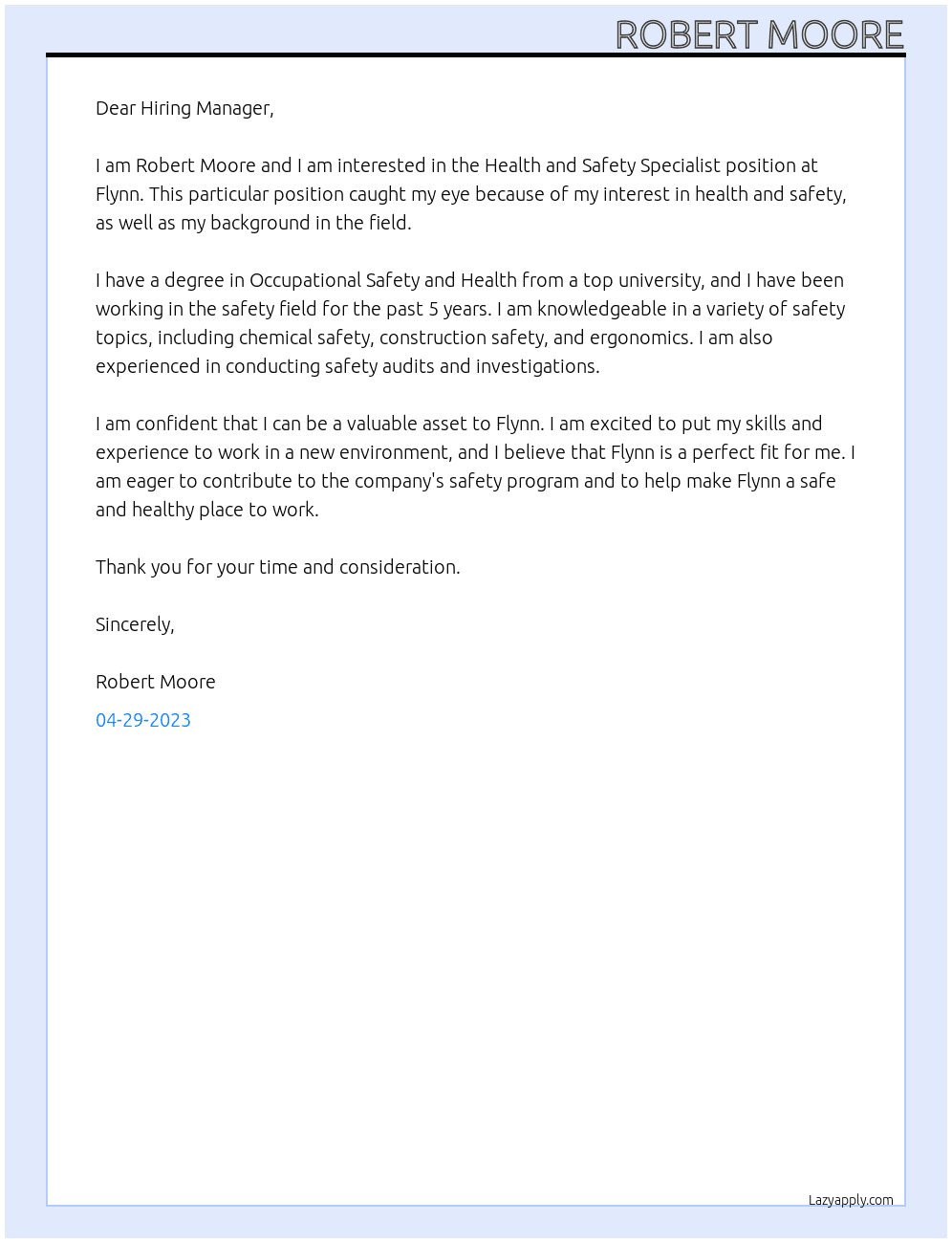 Health and Safety Specialist At Flynn Cover Letter