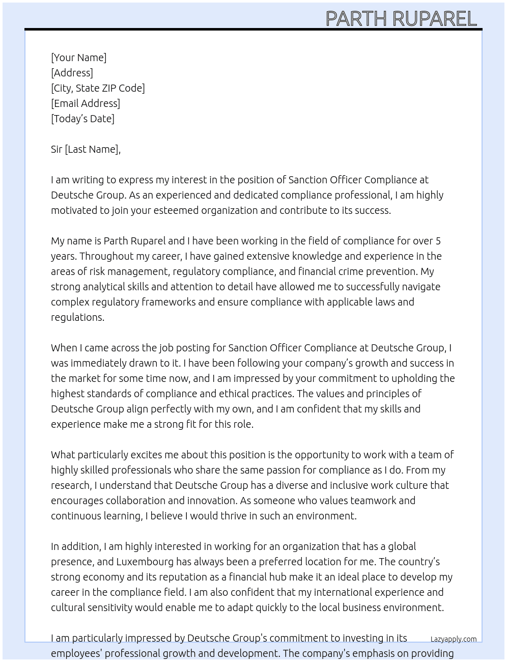 Sanction officer Compliance  At Deutsche Group  Cover Letter