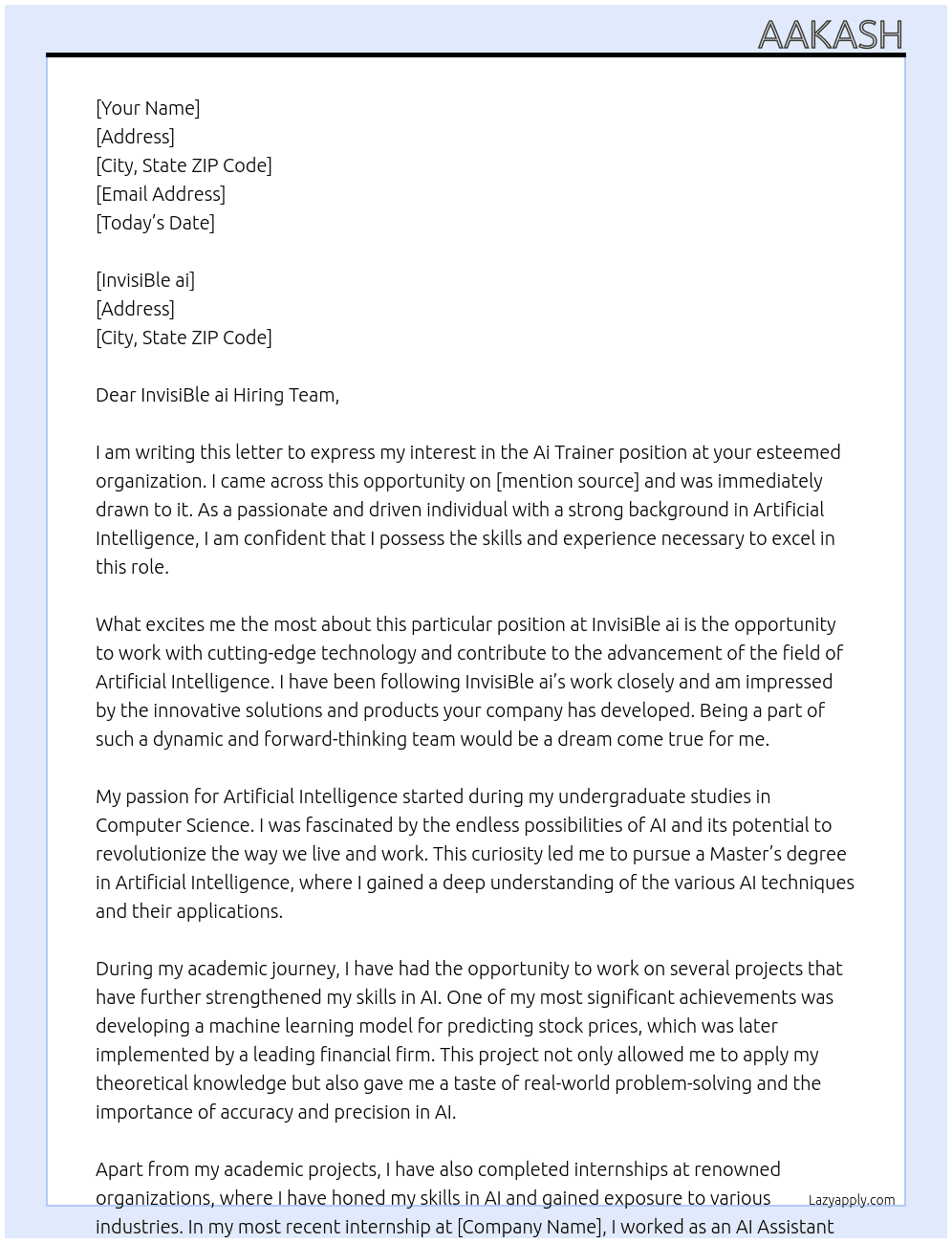 Ai trainer At Invisible ai Cover Letter
