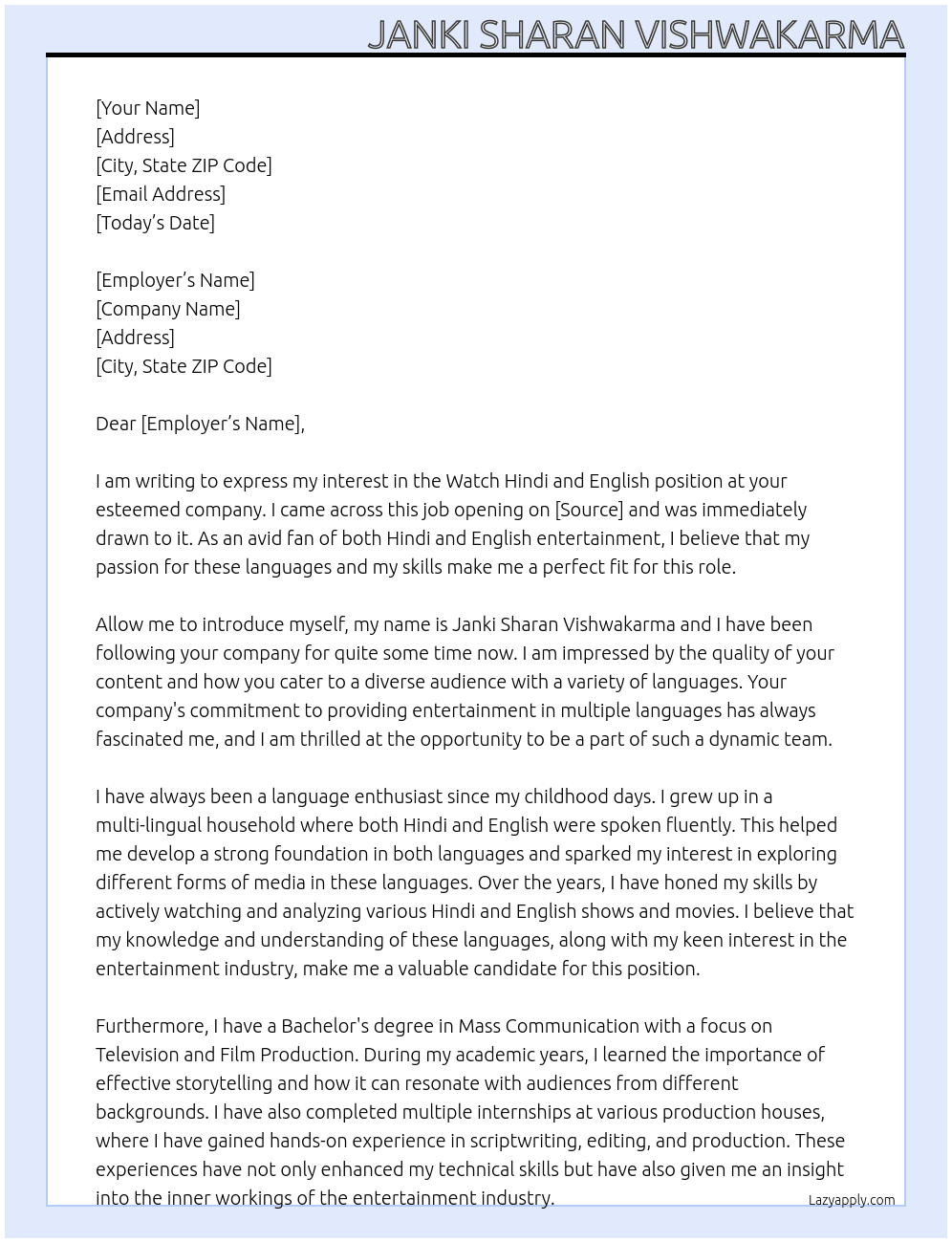 Cover letter for watch hindi and english - LazyApply