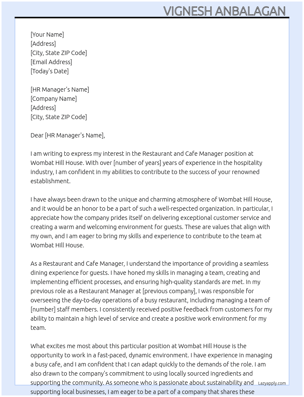 Restaurant And Cafe Manager  At Wombat Hill House  Cover Letter