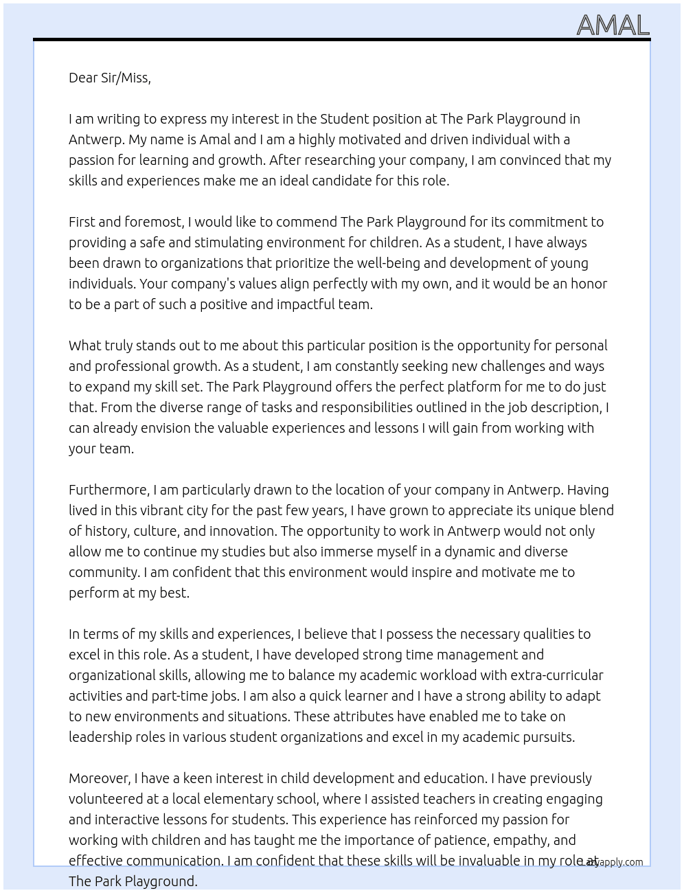 Student At The Park Playground Cover Letter