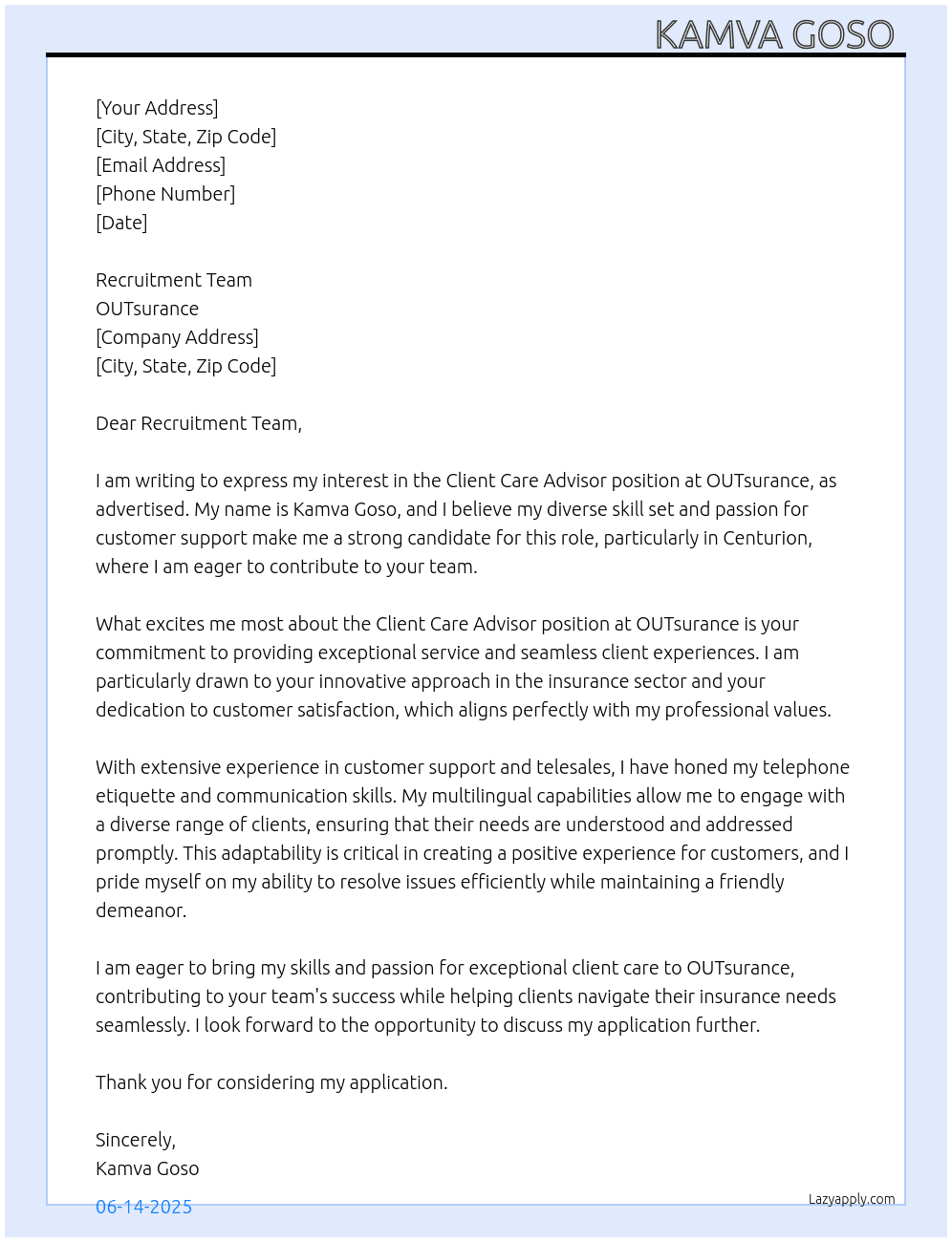 Client Care Advisor At OUTsurance Cover Letter