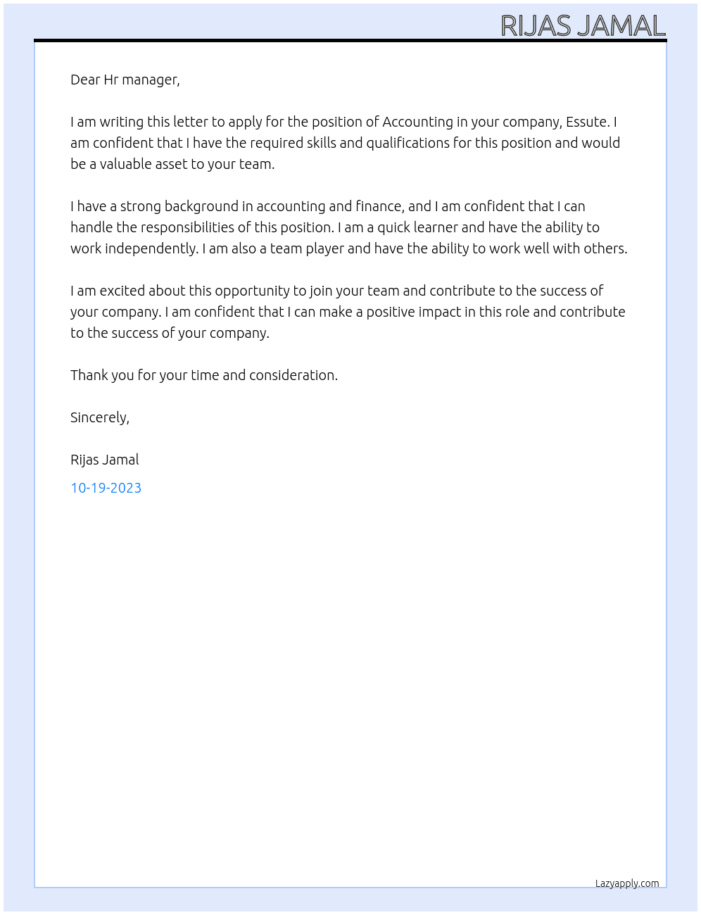 Accounting  At Essute Cover Letter