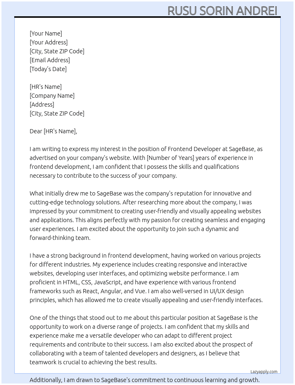 Frontend Developer  At SageBase Cover Letter