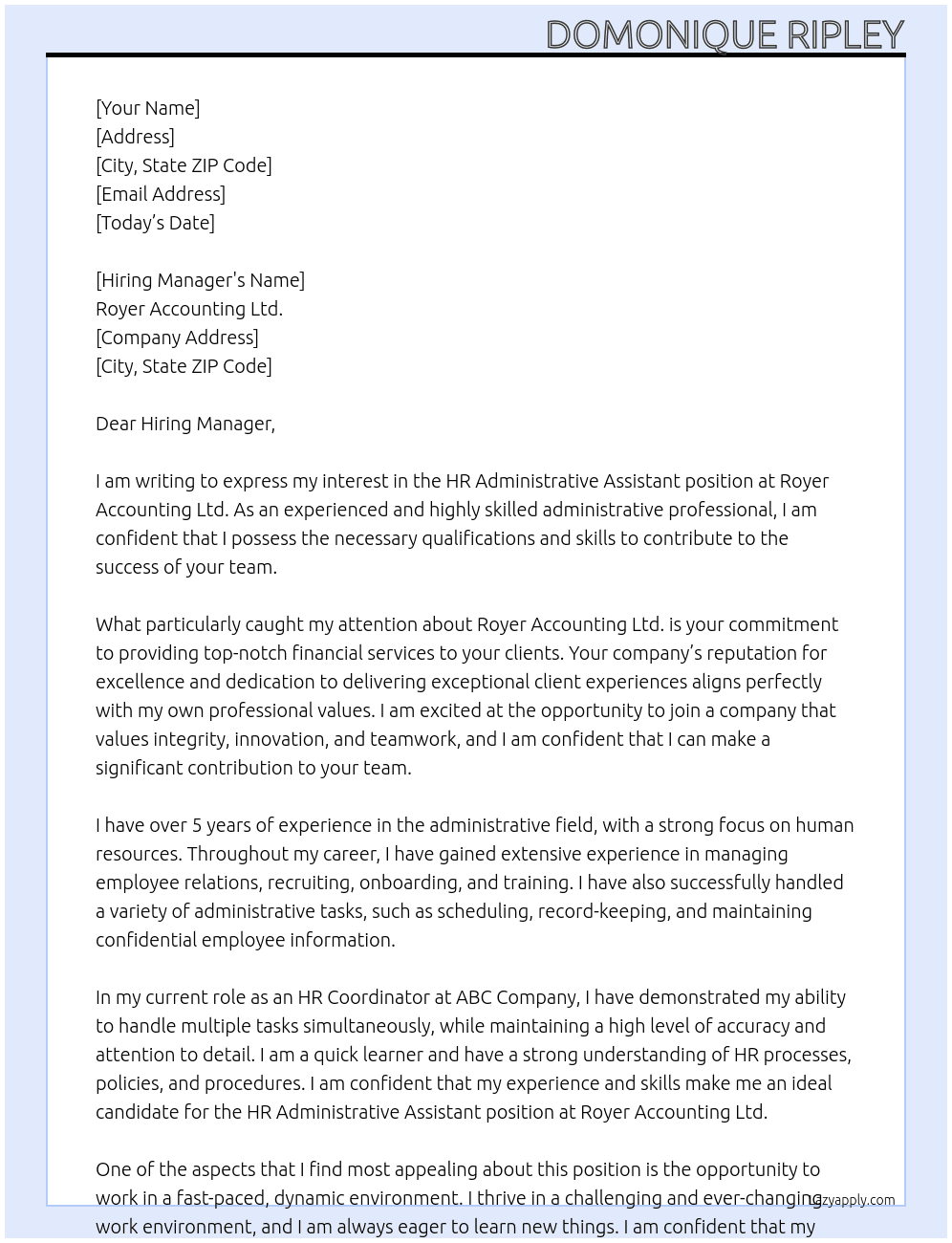 HR Administrative Assistant At Royer Accounting Ldt. Cover Letter