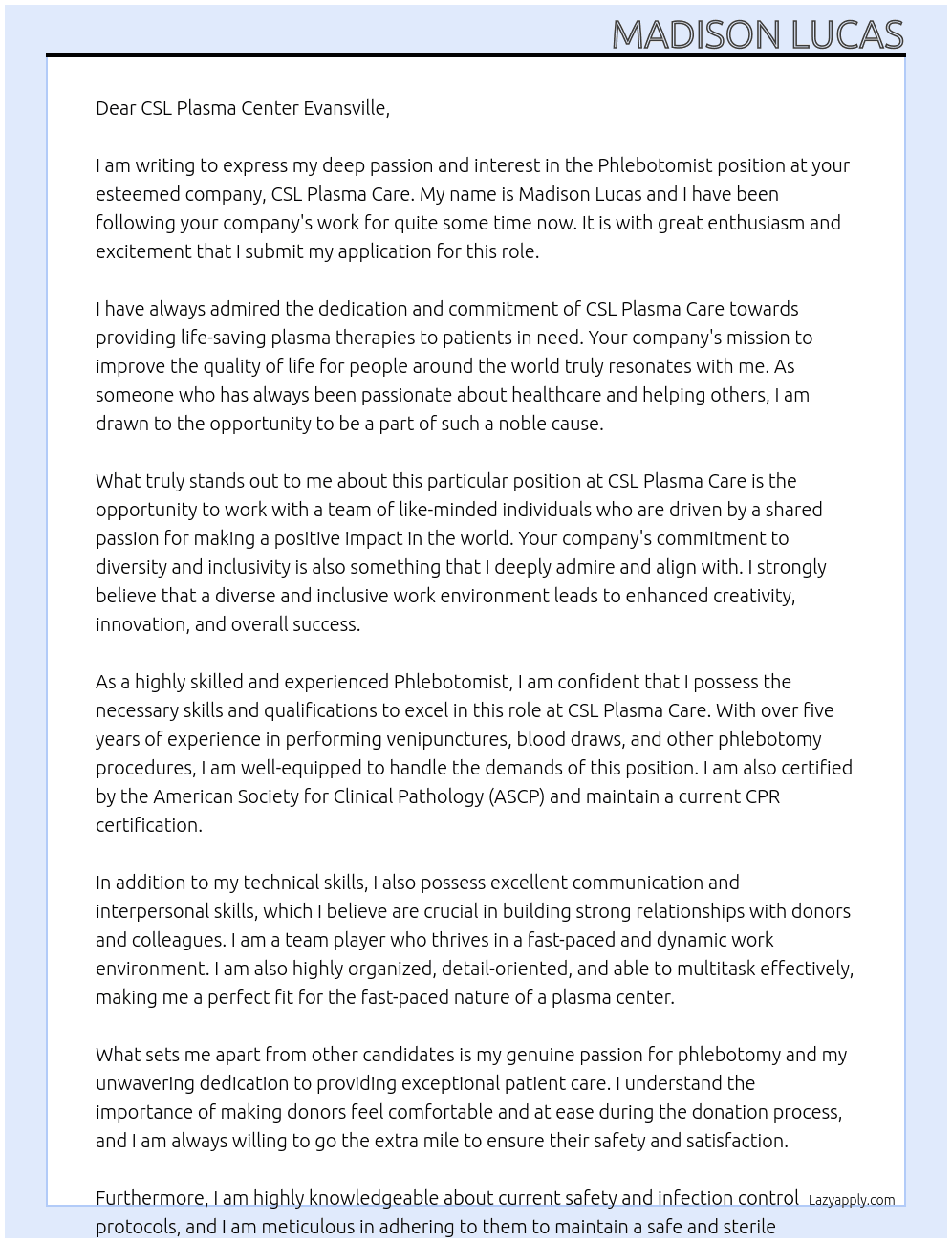 Phlebotomist At CSL Plasma Care Cover Letter