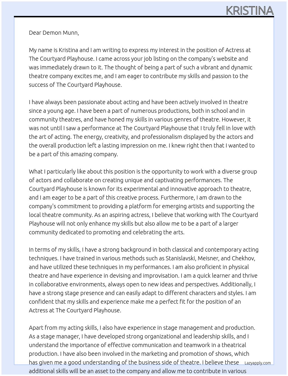 Actress theatre At The Courtyard Playhouse Cover Letter