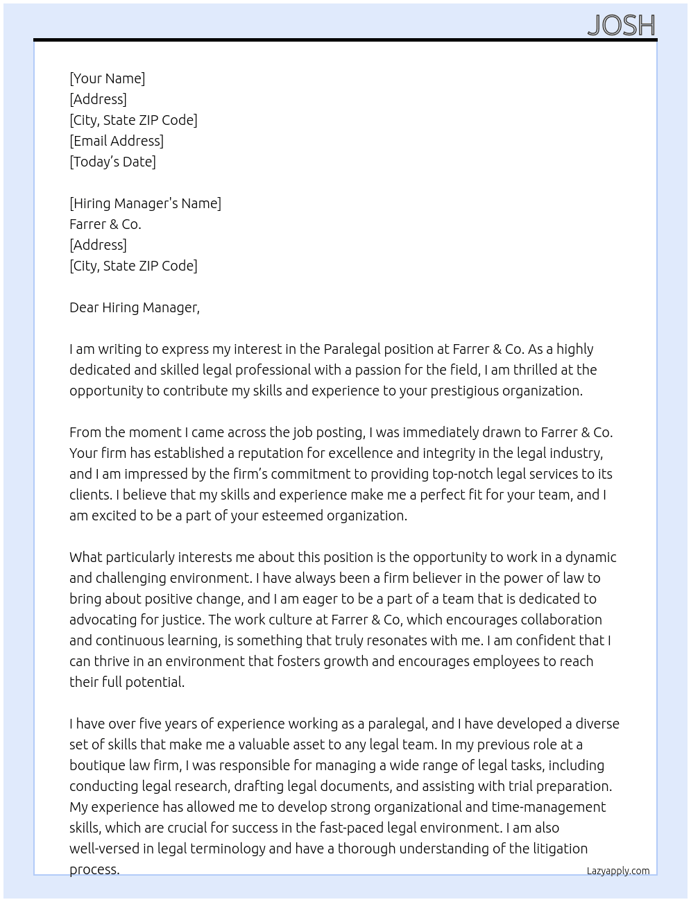 Paralegal  At Farrer & co Cover Letter
