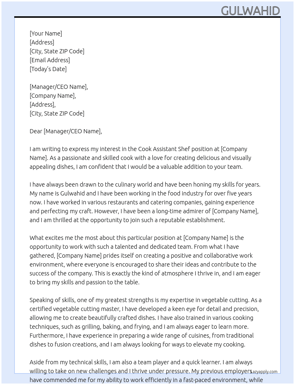 Cook assistant Shef At Restaurant Cover Letter