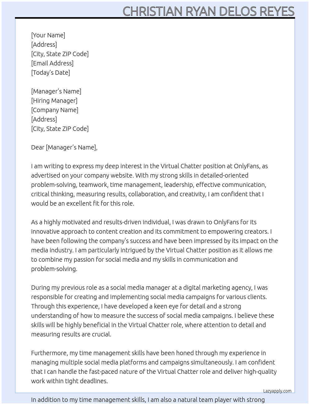 Virtual Chatter At OnlyFans Cover Letter