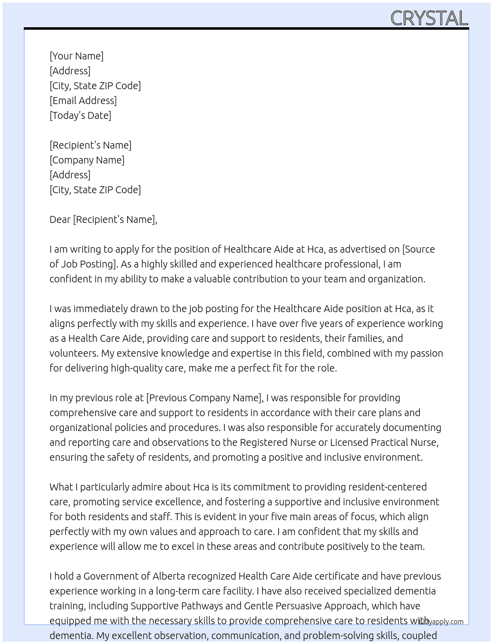 Healthcare aide  At Hca  Cover Letter