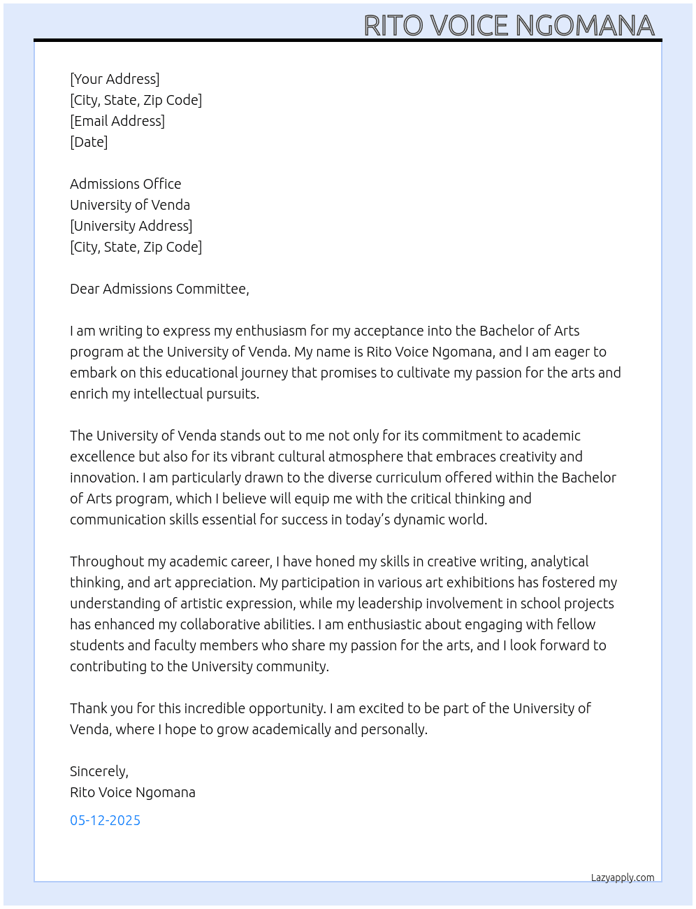 Cover letter for university application bachelor of art accepted - LazyApply