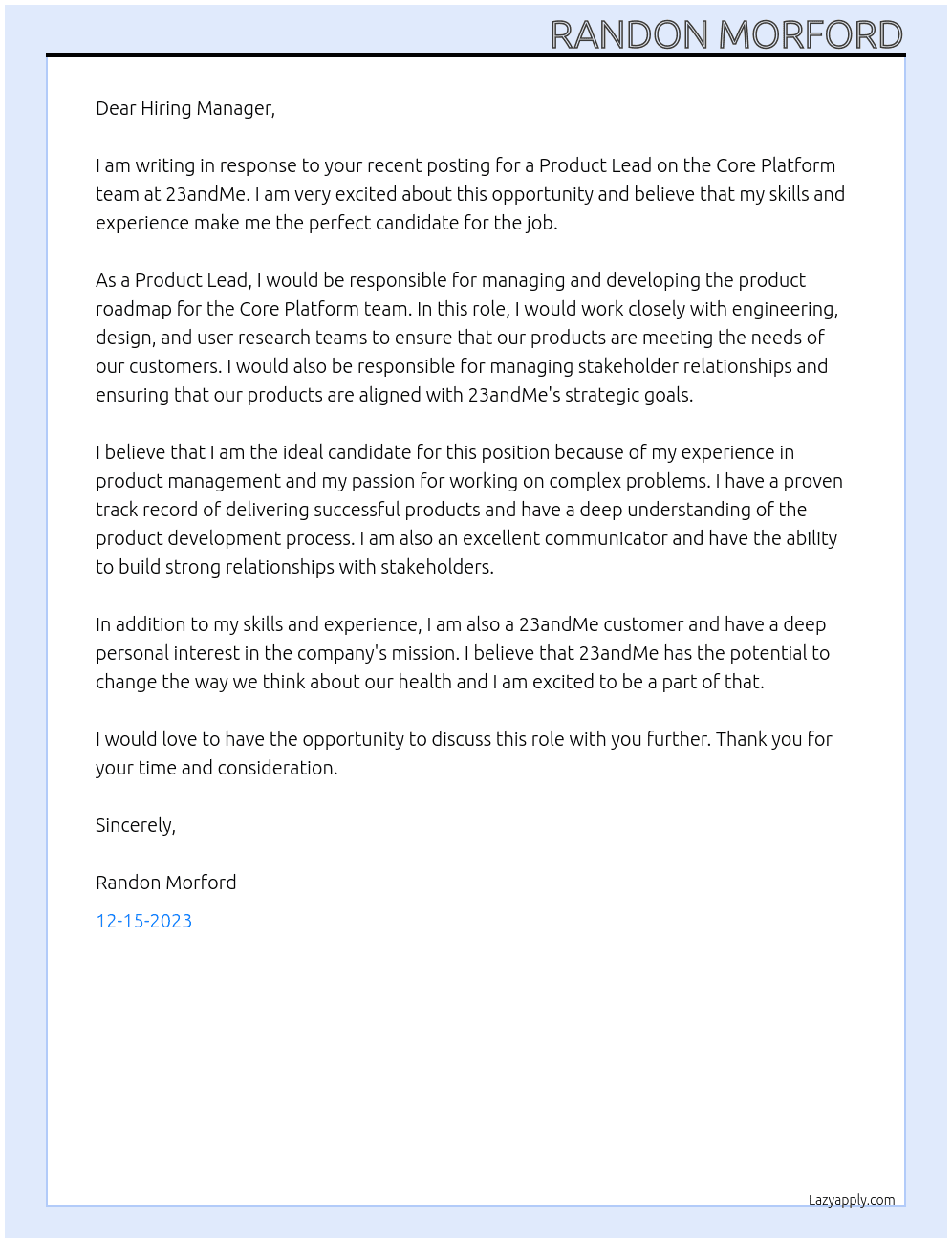 Product Lead, Core Platform At 23andMe Cover Letter