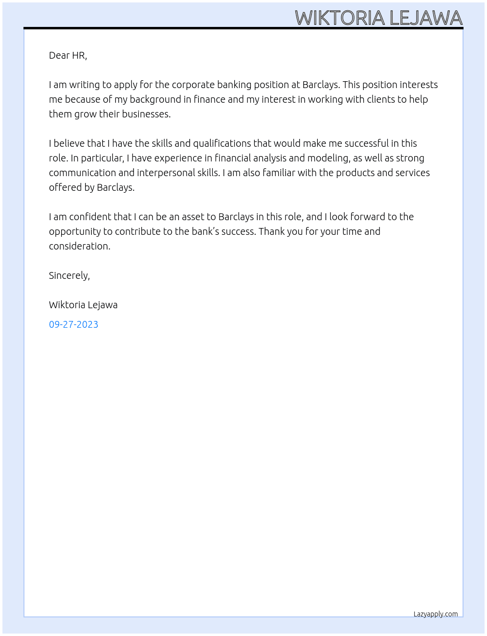 Corporate Banking At Barclays Cover Letter
