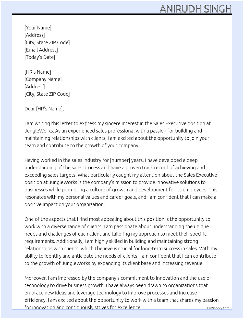 Sales executive  At Jungleworks Cover Letter