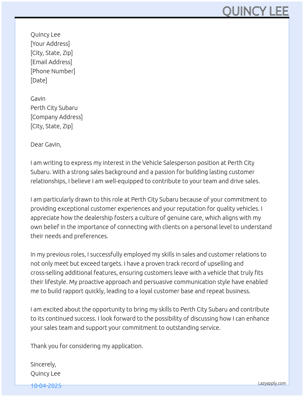 Vehicle Sales person At Perth City Subaru Cover Letter