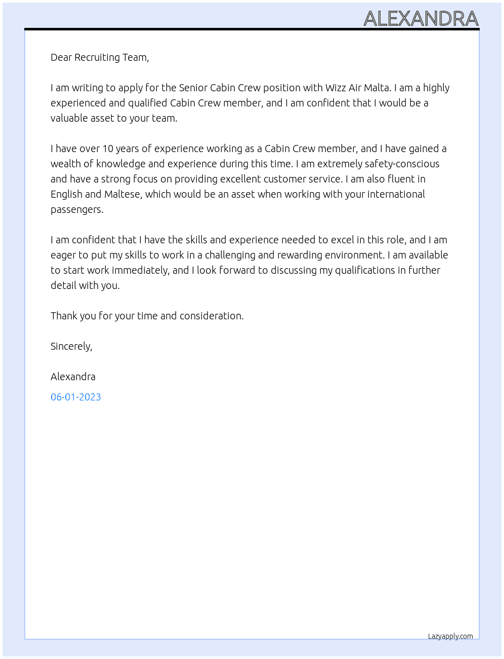 SENIOR CABIN CREW At WIZZ AIR MALTA Cover Letter