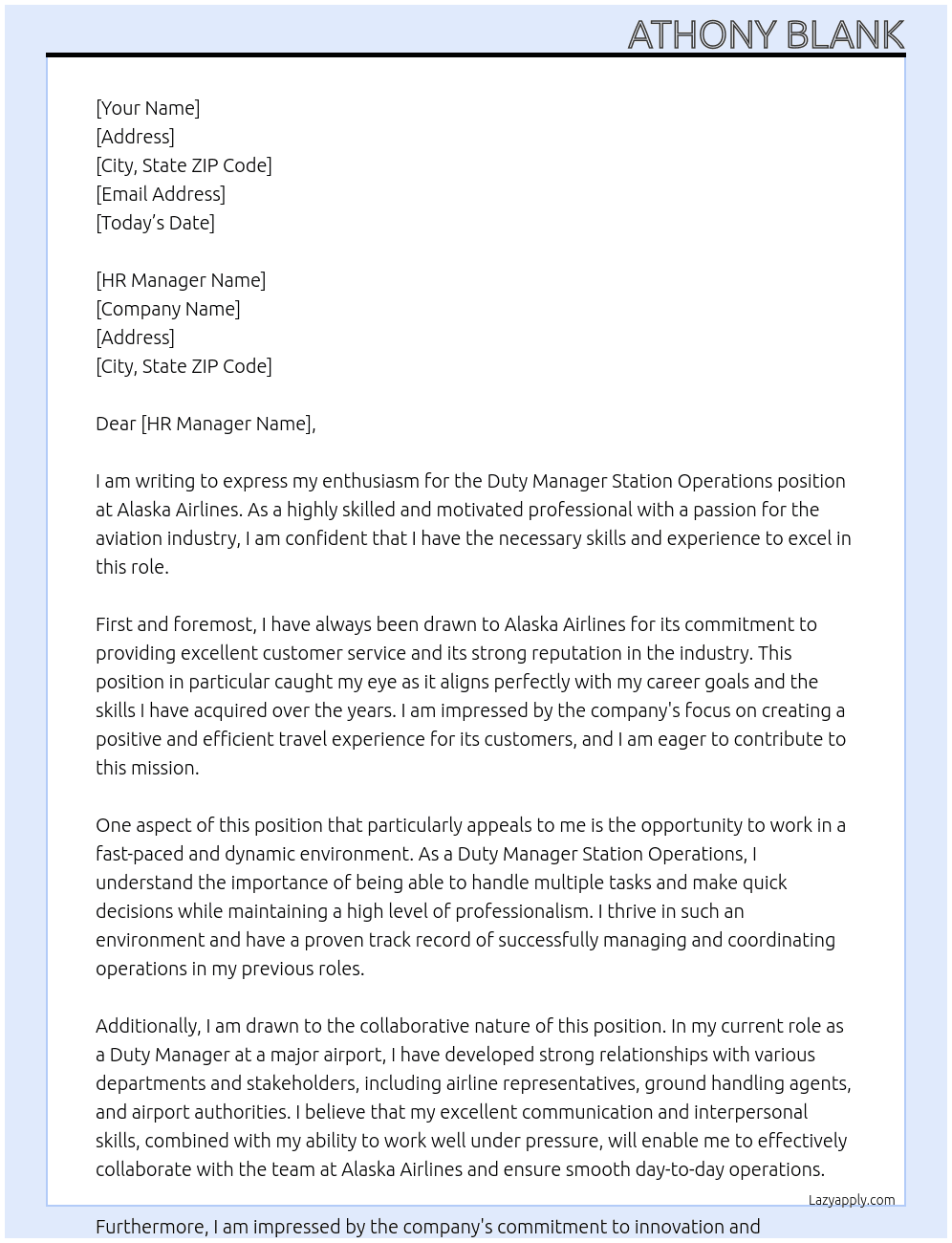 Duty Manager Station Operations At Alaska Airlines Cover Letter