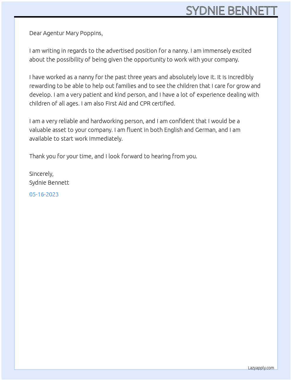 Nanny At Agentur Mary Poppins  Cover Letter