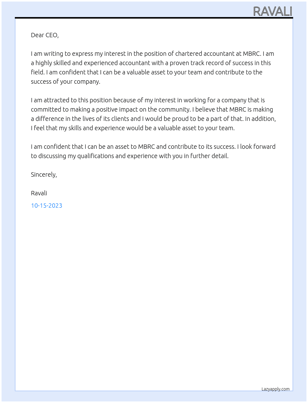 charted accountent At MBRC Cover Letter