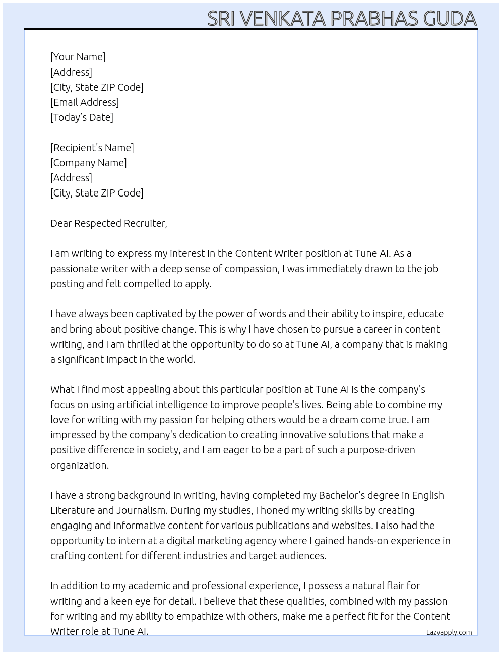 Content Writer At Tune AI Cover Letter