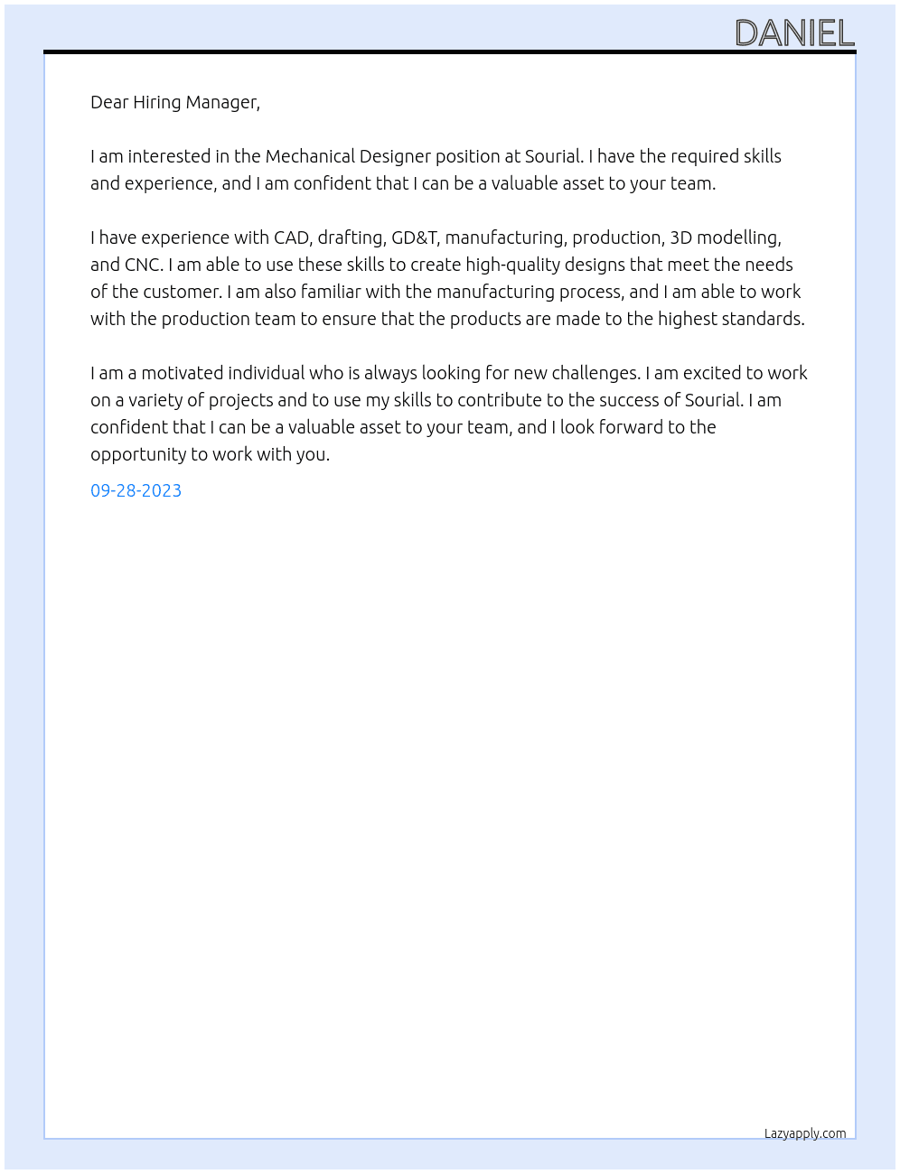Mechanical Designer At Sourial Cover Letter