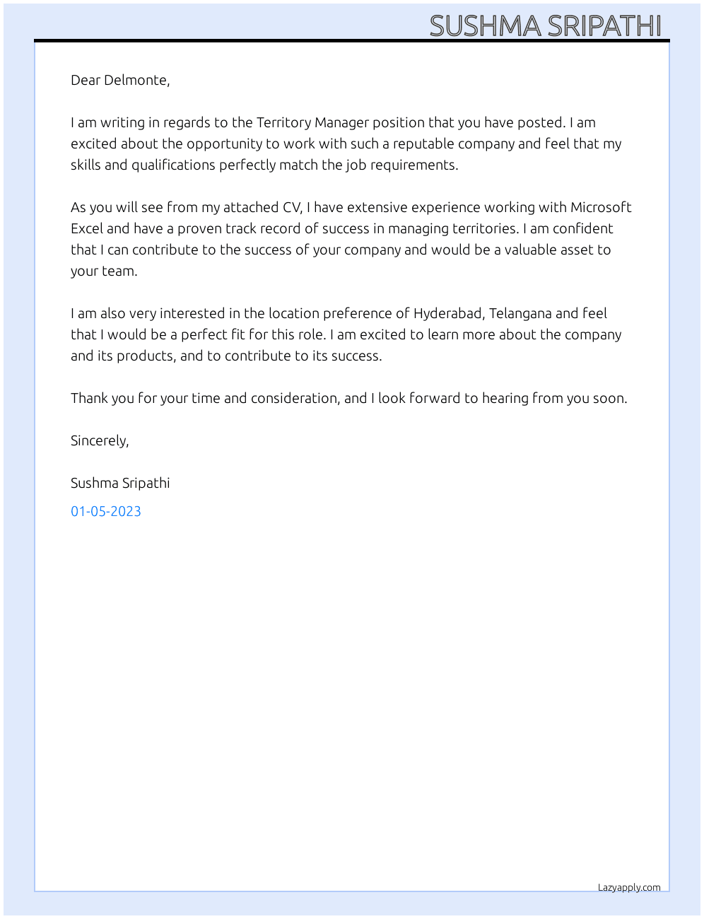 Territory manager At Delmonte Cover Letter