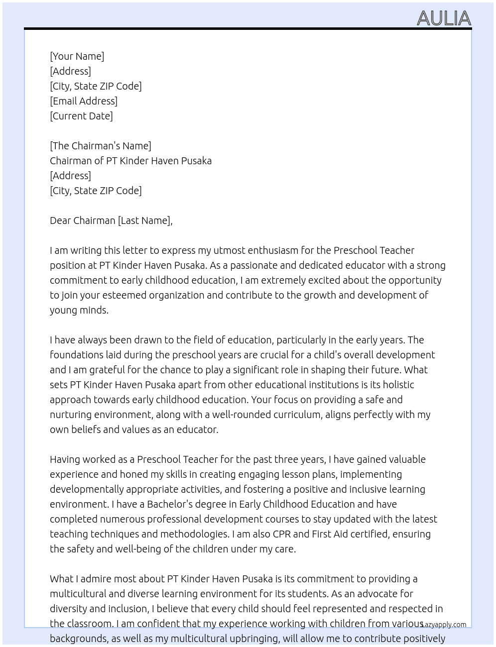 Preschoo; Teacher At PT Kinder Haven Pusaka Cover Letter