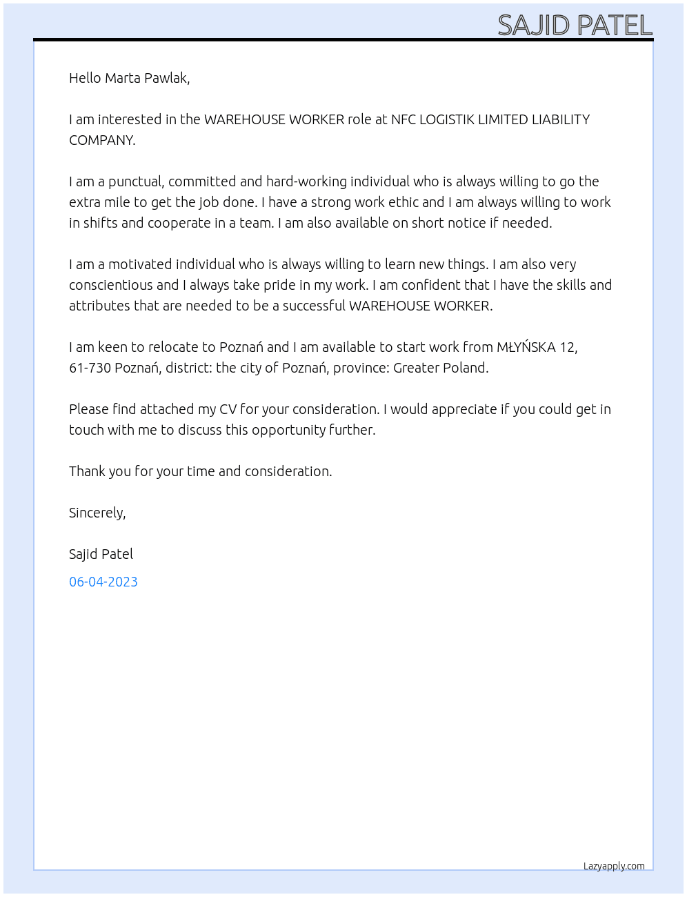  WAREHOUSE WORKER At NFC LOGISTIK LIMITED LIABILITY COMPANY Cover Letter