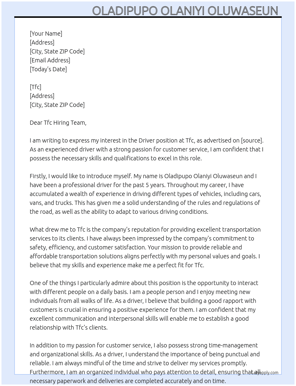 Driver  At Tfc Cover Letter
