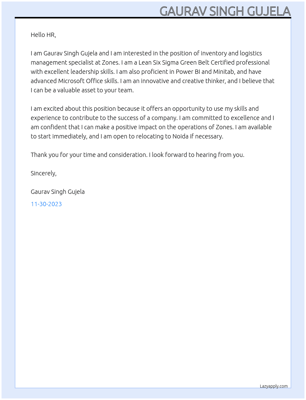 Inventory and logistics management specialist  At Zones Cover Letter