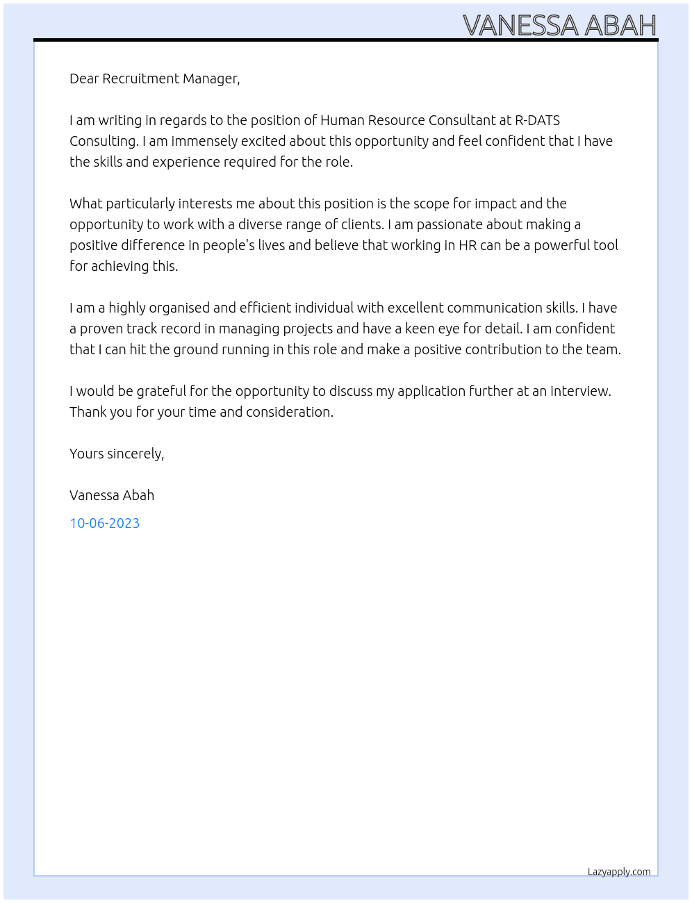 Human Resource Consultant At R-DATS Consulting Cover Letter