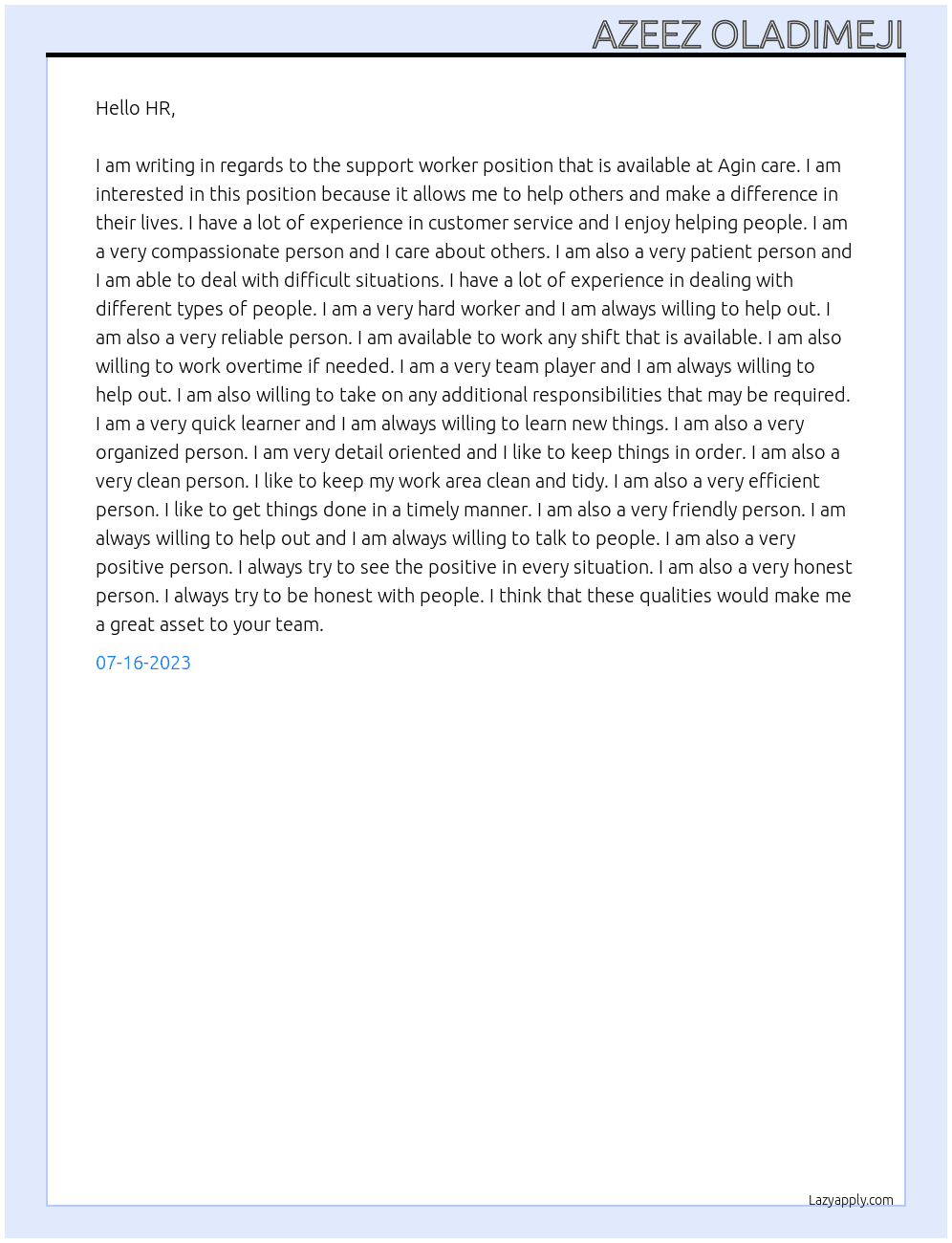 Support worker At Agin care Cover Letter