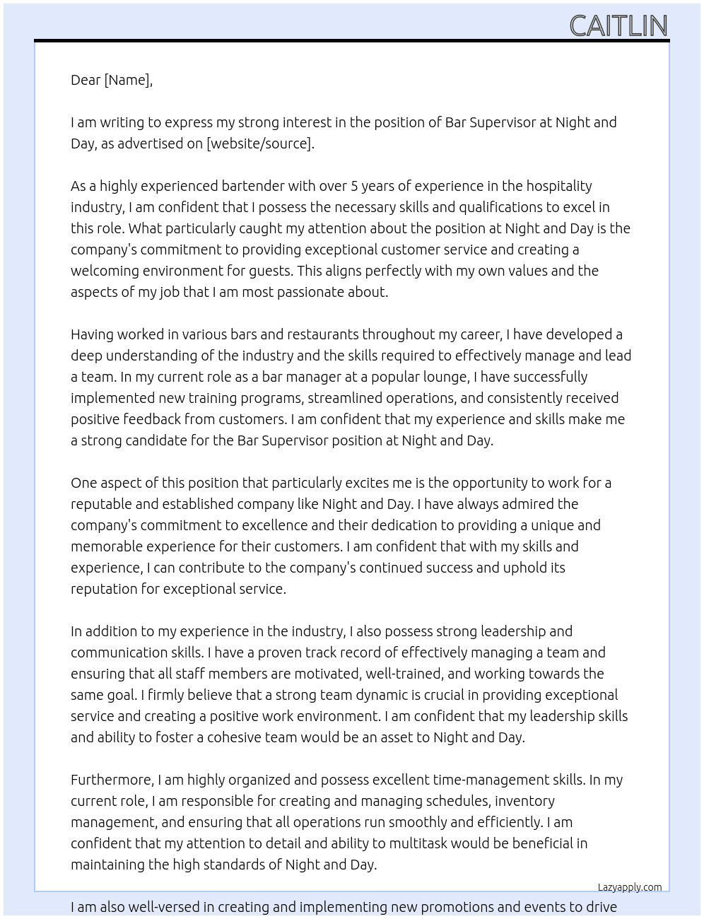 Bar Supervisor At Night and Day Cover Letter