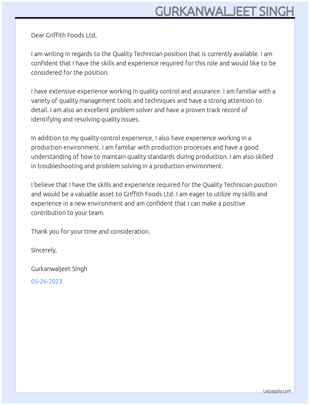 quality technician At Griffith Foods Ltd Cover Letter