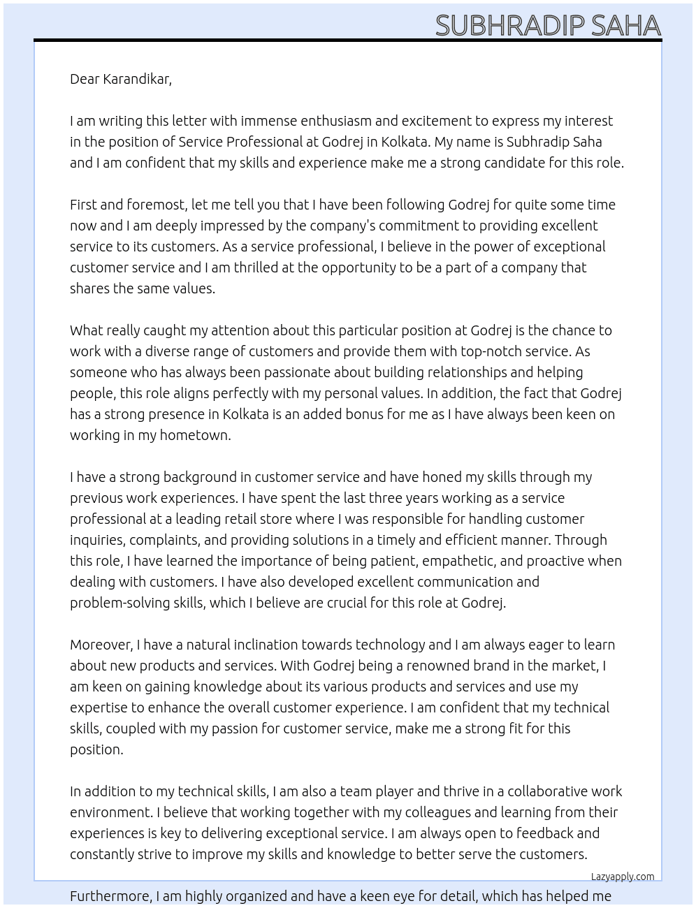 Service Professional At Godrej Cover Letter