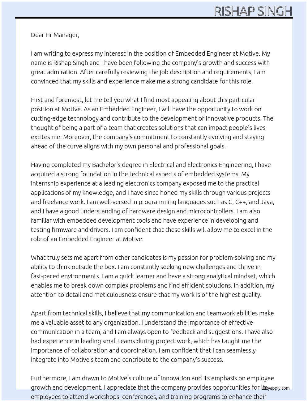 Cover letter for embedded engineer - LazyApply